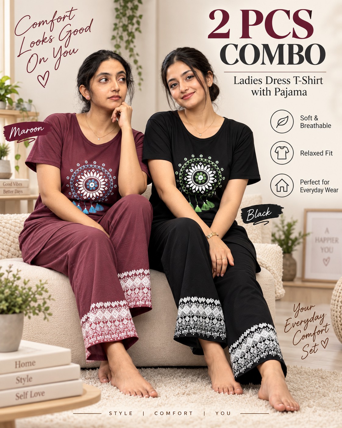 Ladies Wear Premium cotton Suit Black & Maroon Combo