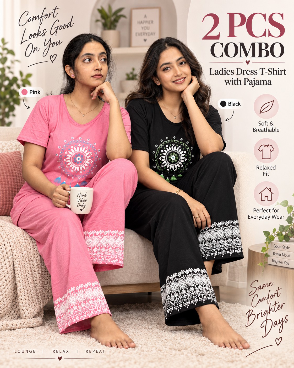 Ladies Wear Premium cotton Suit Black & Pink Combo